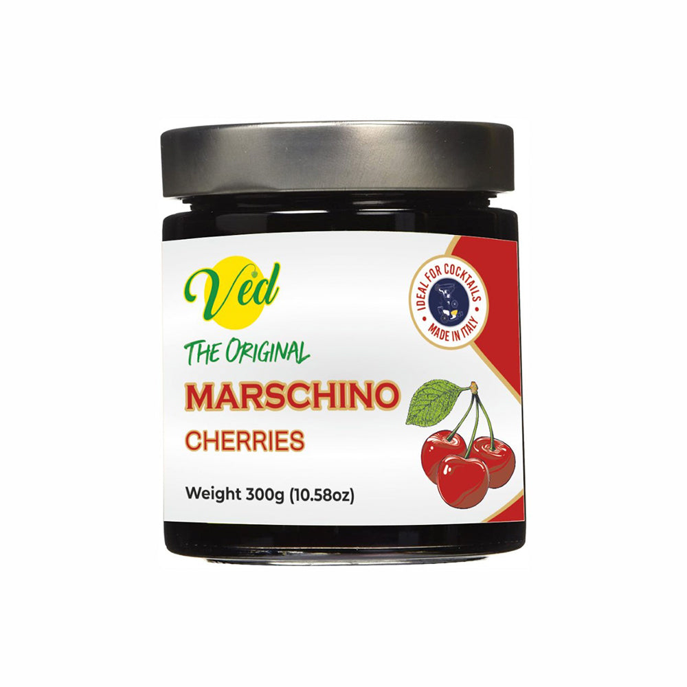 Ved Gourmet Original Red Maraschino Cherries - Italian Cherry for Old-Fashioned Cocktails - Vegan Cocktail, Bourbon Cherries in Natural Syrup for Cocktail Garnish - 300g Jar