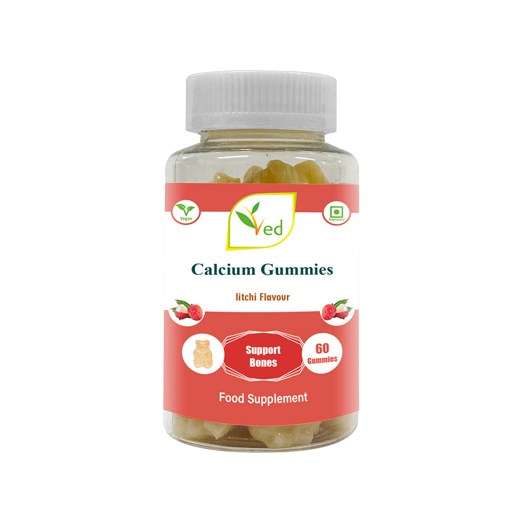 Ved Calcium Gummies; Chews Litchi Flavour, Calcium & Vitamin D Gummies, Vegetarian Vegan Health Supplement - 60 Chews 30 Days’ Supply