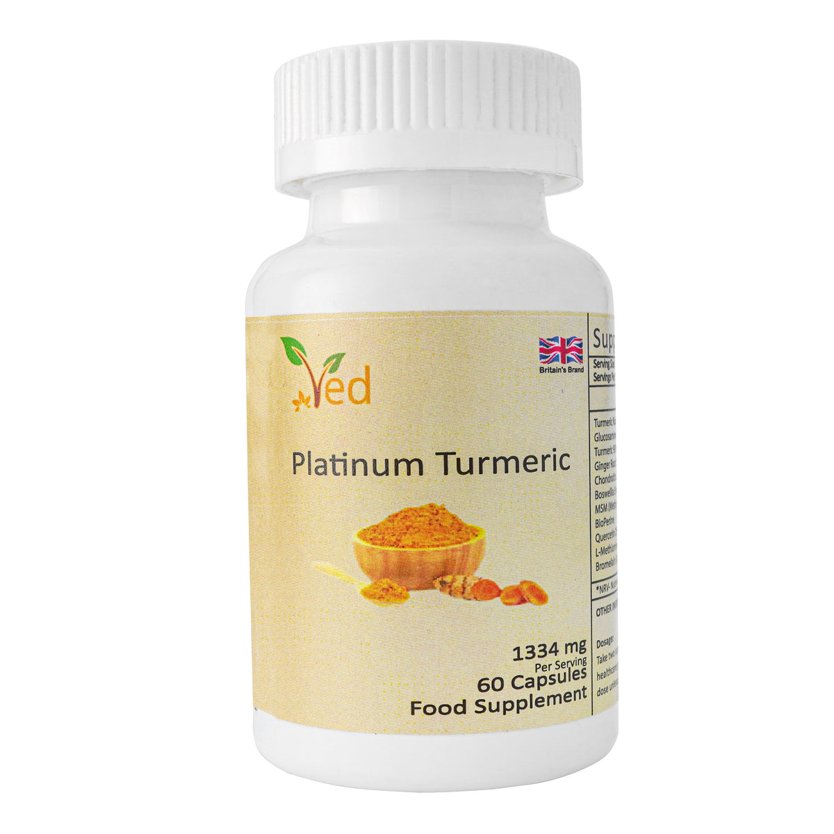 Ved Platinum Turmeric- Double Dose of Curcuma Longa with Ginger Root & Boswellia Extract, All-Natural Ingredients, 1333 mg per serving, 60 Capsules(30 days supply)