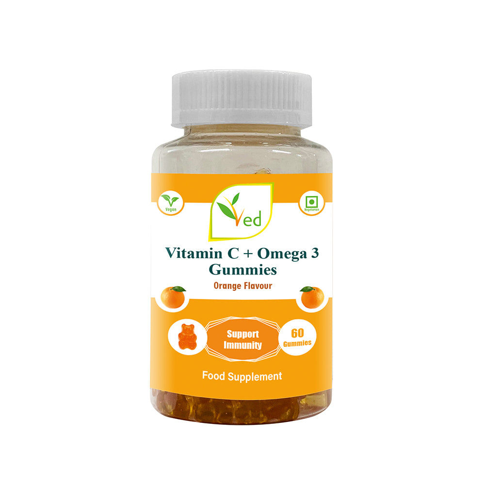 Ved Vitamin C + Omega-3 Gummies; VCO3 Chews Orange Flavour, Raw Unfiltered Omega-3 with Vitamin C Gummies with Mother Culture, Vegetarian Vegan Supplement for Men and Women- 60 Chews 30 Days’ Supply