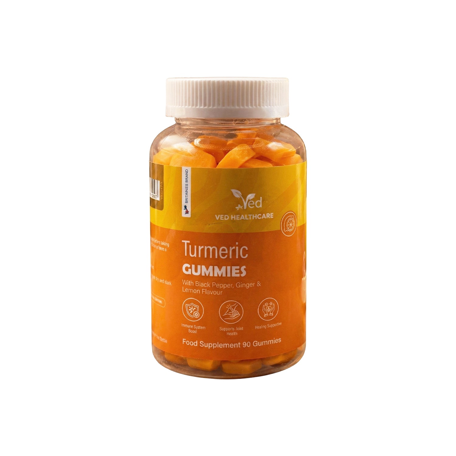 VED Turmeric Gummies with Ginger & Black Pepper, 90 Vegan Gummies, Turmeric Root Extract 2000mg, Ginger Root Extract 100mg, Black Pepper 1000µg, Natural Lemon Flavor, 3 Months Supply, Gluten-Free.