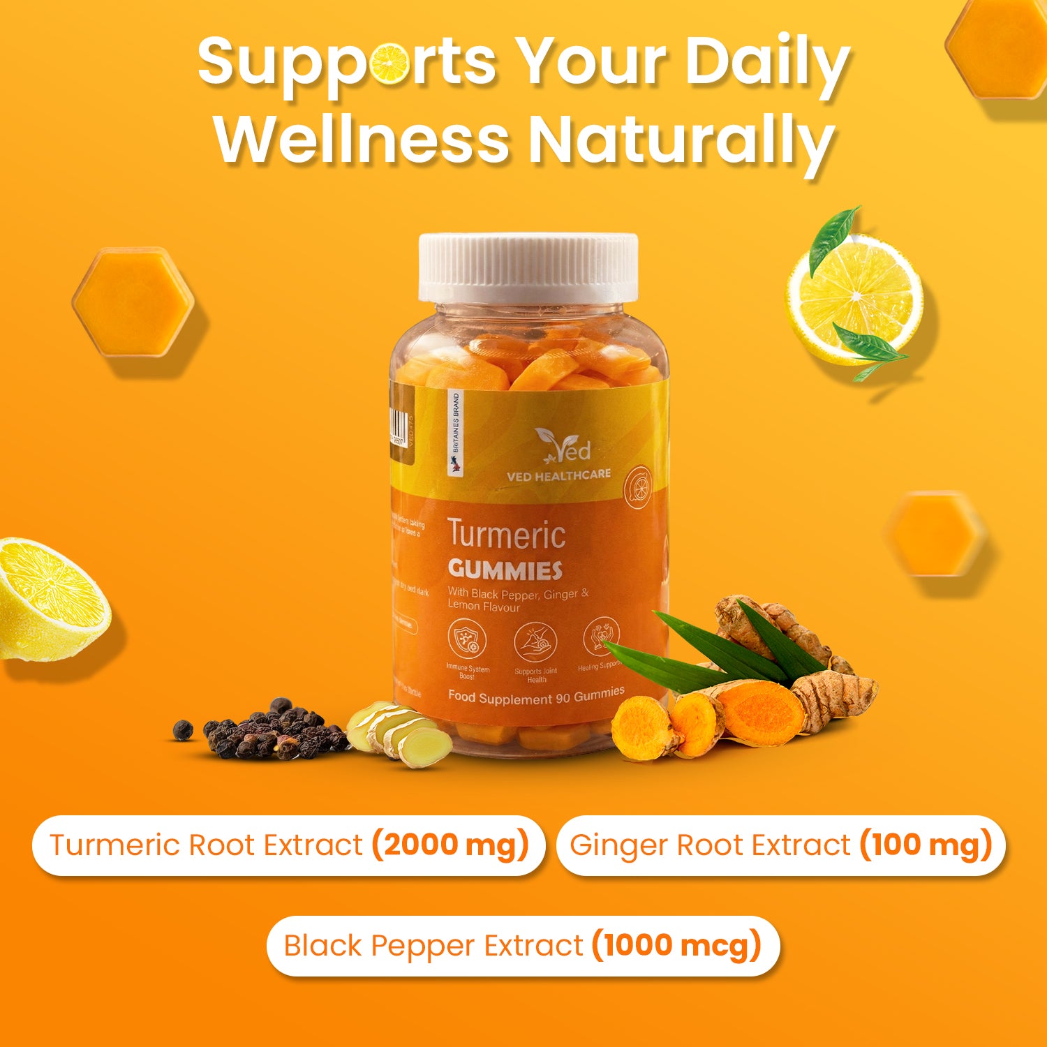 VED Turmeric Gummies with Ginger & Black Pepper, 90 Vegan Gummies, Turmeric Root Extract 2000mg, Ginger Root Extract 100mg, Black Pepper 1000µg, Natural Lemon Flavor, 3 Months Supply, Gluten-Free.