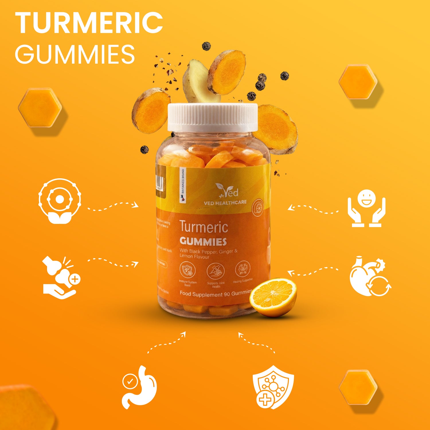 VED Turmeric Gummies with Ginger & Black Pepper, 90 Vegan Gummies, Turmeric Root Extract 2000mg, Ginger Root Extract 100mg, Black Pepper 1000µg, Natural Lemon Flavor, 3 Months Supply, Gluten-Free.