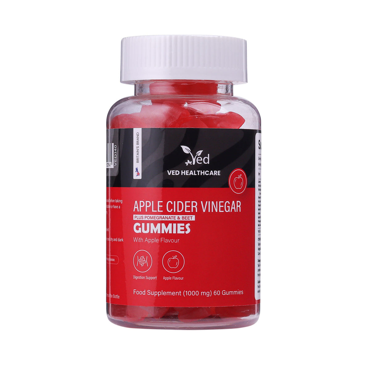 Ved Apple Cider Vinegar Gummies; Apple Flavor with Beet Root and Pomegranate Juice, Raw Unfiltered Apple Cider Vinegar Gummies, Vegetarian Vegan for Men and Women- 60 Chews 30 Days’ Supply