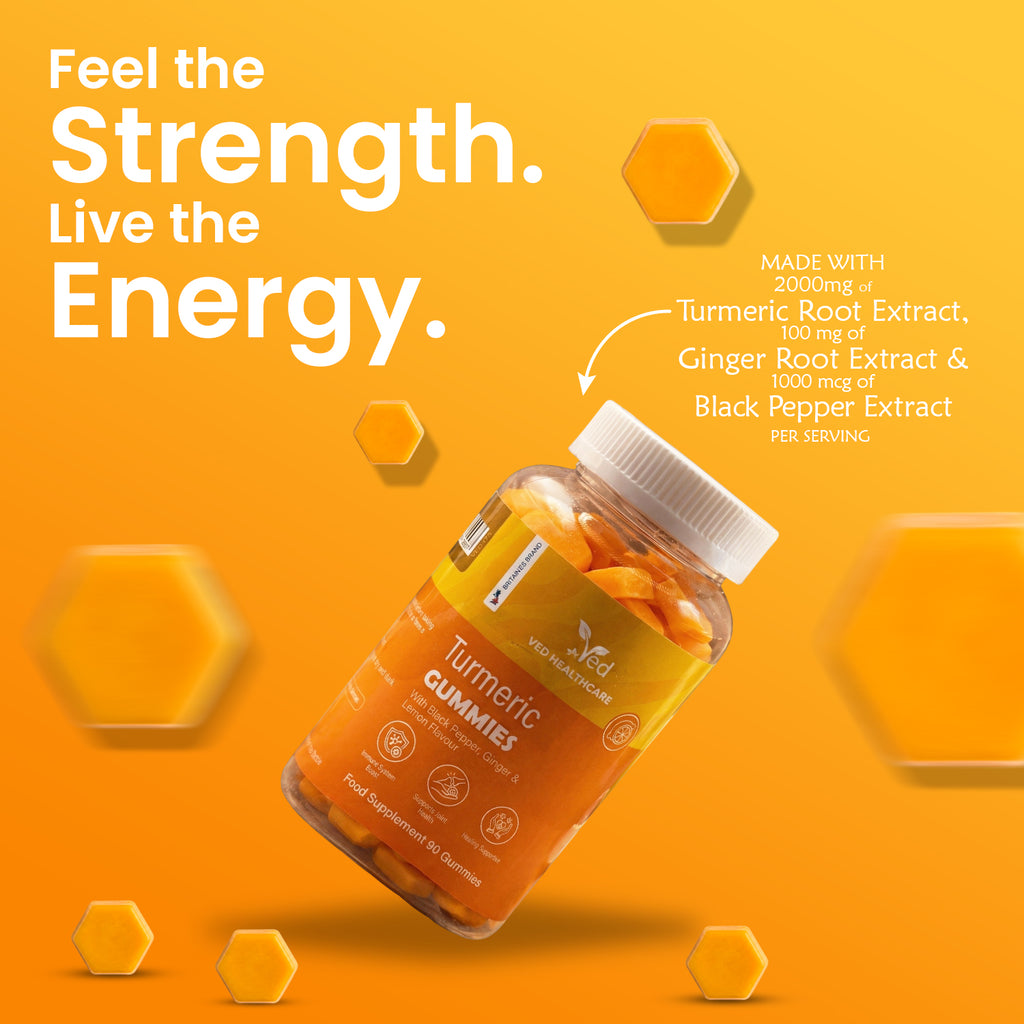 VED Turmeric Gummies with Ginger & Black Pepper, 90 Vegan Gummies, Turmeric Root Extract 2000mg, Ginger Root Extract 100mg, Black Pepper 1000µg, Natural Lemon Flavor, 3 Months Supply, Gluten-Free.