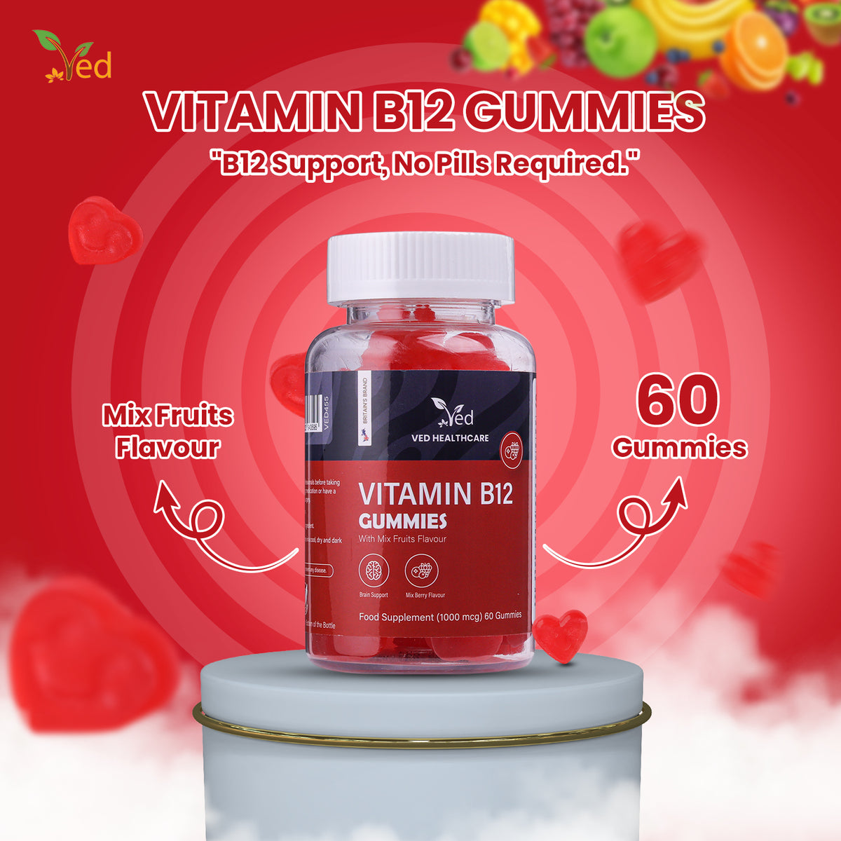 Ved Vitamin B12 Gummies 1000mcg,Vegan & Gluten-Free - Tasty, Natural Mix Berry Flavour, B12 Vitamin Supplement,60 Gummies,2 per Day,1 Months Supply.