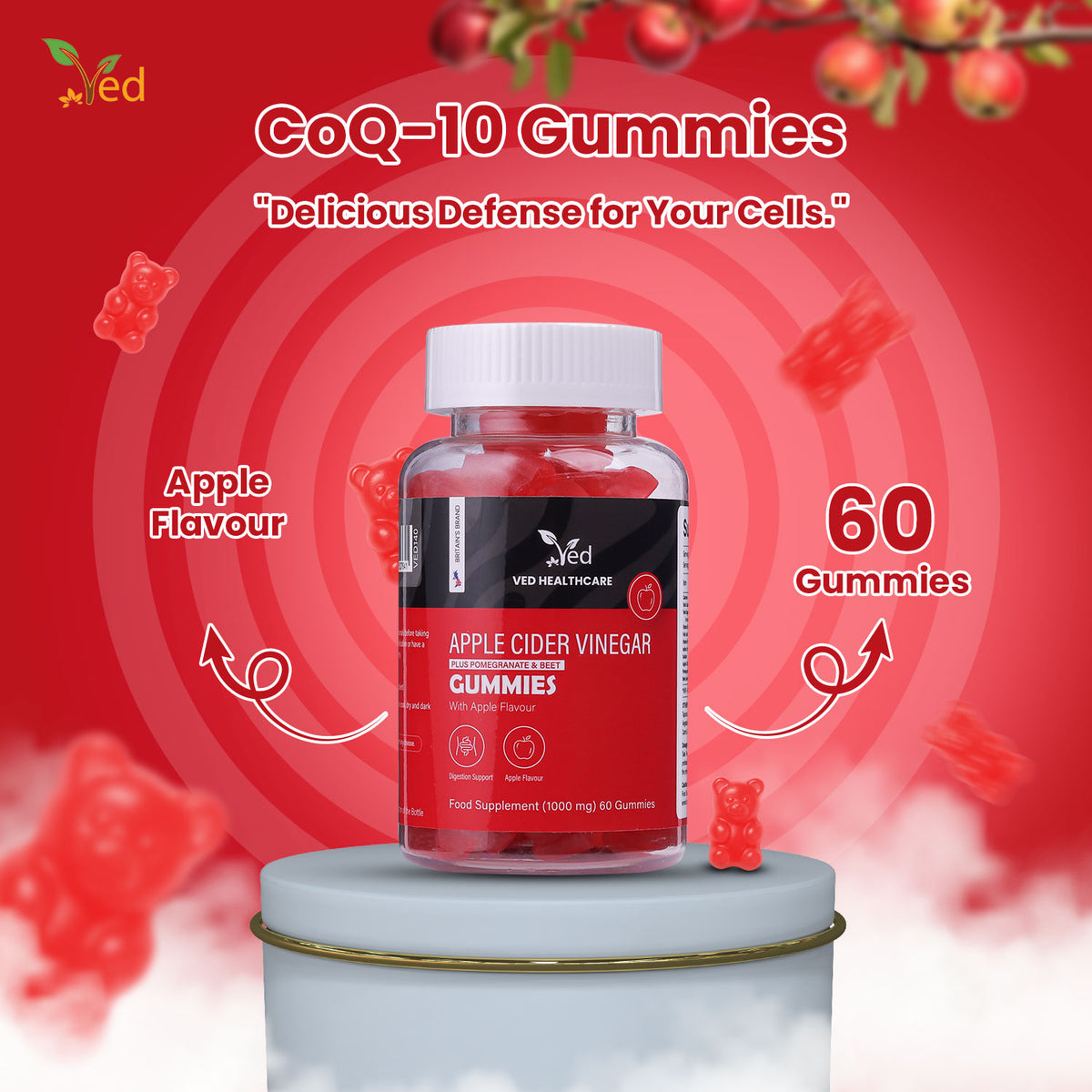 Ved Apple Cider Vinegar Gummies; Apple Flavor with Beet Root and Pomegranate Juice, Raw Unfiltered Apple Cider Vinegar Gummies, Vegetarian Vegan for Men and Women- 60 Chews 30 Days’ Supply