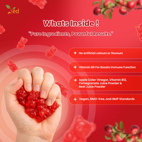 Ved Apple Cider Vinegar Gummies; Apple Flavor with Beet Root and Pomegranate Juice, Raw Unfiltered Apple Cider Vinegar Gummies, Vegetarian Vegan for Men and Women- 60 Chews 30 Days’ Supply