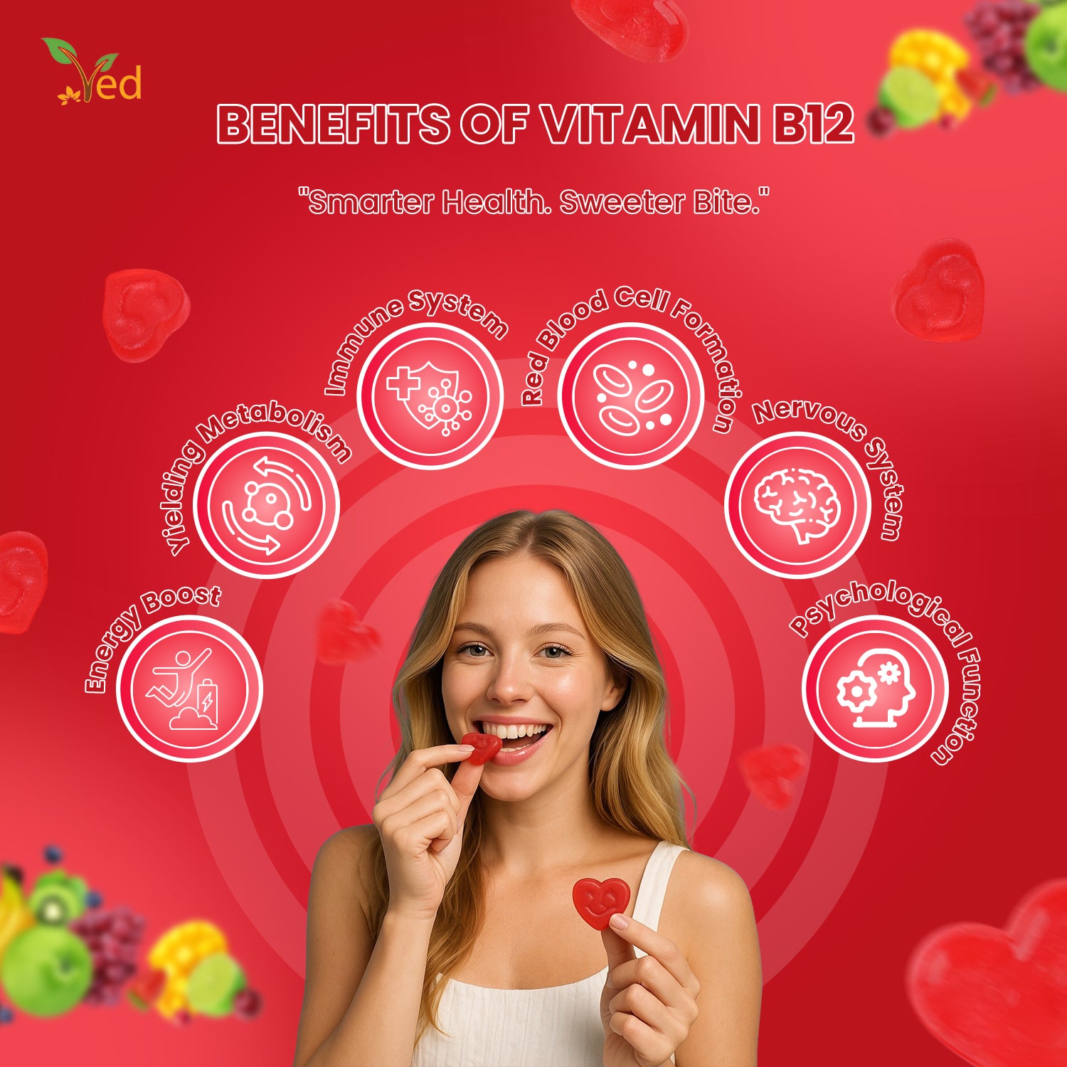 Ved Vitamin B12 Gummies 1000mcg,Vegan & Gluten-Free - Tasty, Natural Mix Berry Flavour, B12 Vitamin Supplement,60 Gummies,2 per Day,1 Months Supply.