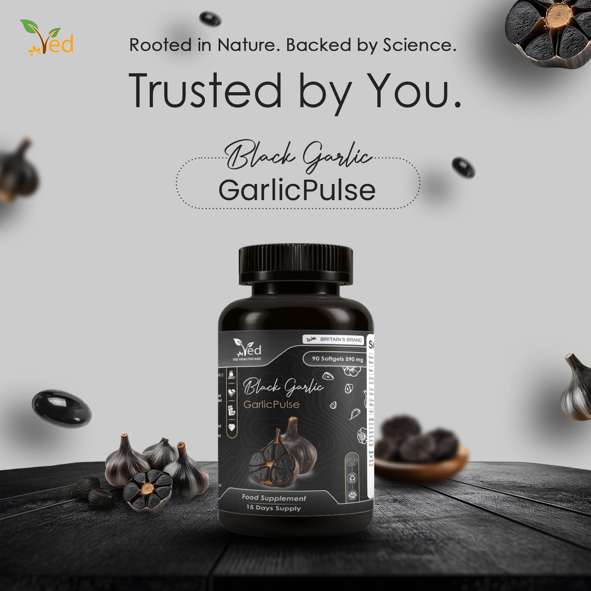 VED GarlicPulse, 90 Softgels, Fermented & Odorless Black Garlic Supplement with White Hawthorn Flower and Leaf, White Mistletoe herb, Non-GMO, Halal, 6 Softgels per Day