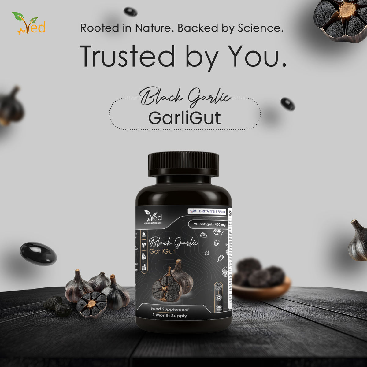 VED GarliGut, 90 Softgels, Fermented & Odorless Black Garlic Supplement with chamomile flower, peppermint leaf, caraway fruit, angelica archangelica root, rosemary leaf, Non-GMO, Halal, 3 Softgels/Day
