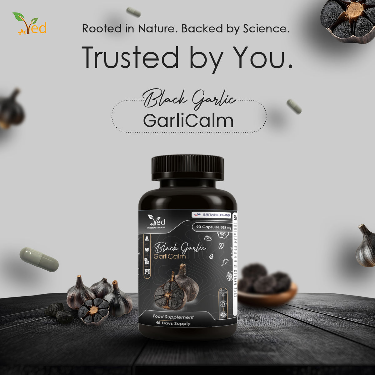 VED GarliCalm, 90 Capsules, Fermented & Odourless Black Garlic Supplement with Motherwort, Iodine & Vitamin E, Non-GMO, Halal, 2 Capsules per Day.