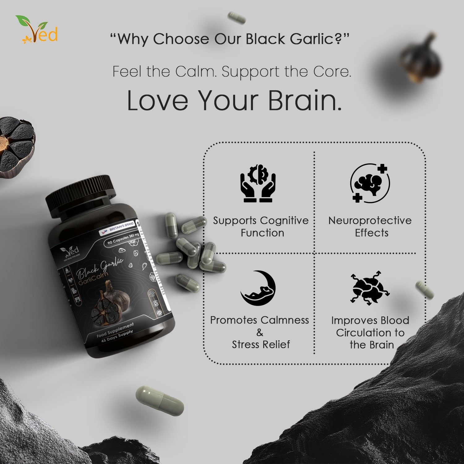 VED GarliCalm, 90 Capsules, Fermented & Odourless Black Garlic Supplement with Motherwort, Iodine & Vitamin E, Non-GMO, Halal, 2 Capsules per Day.