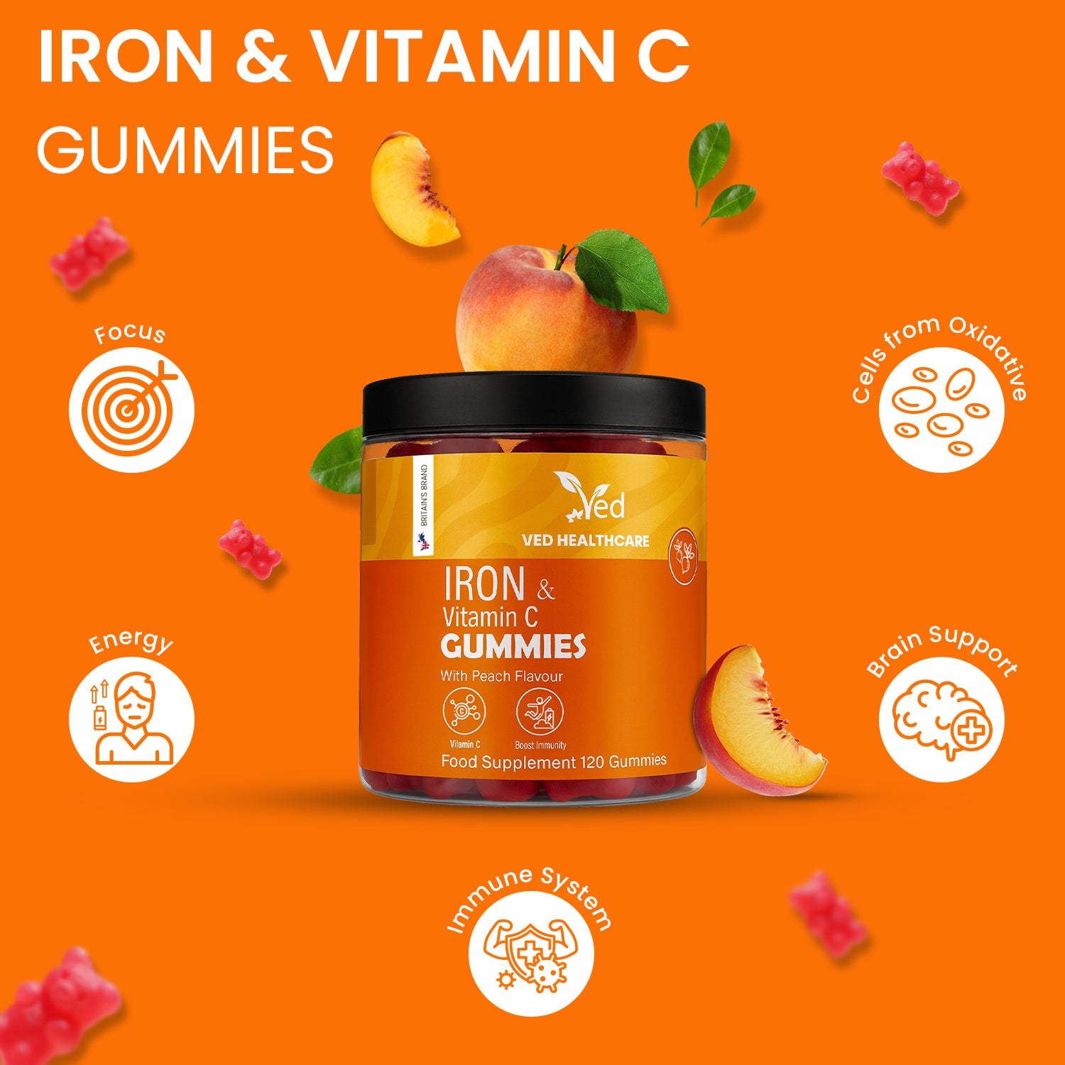 VED Iron with Vitamin C, 120 Gummies.