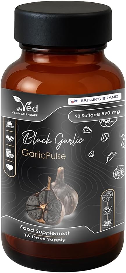 VED GarlicPulse, 90 Softgels, Fermented & Odorless Black Garlic Supplement with White Hawthorn Flower and Leaf, White Mistletoe herb, Non-GMO, Halal, 6 Softgels per Day
