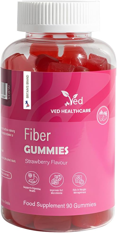 Fiber Vegan Gummies, 90 Gummies, 1 Month Supply, Strawberry Flavour, Vitamin B12 & B6, 3 Per Day, Gluten-Free - by VED