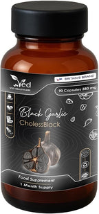 VED CholessBlack, 90 Capsules, Fermented & Odorless Black Garlic Supplement with White & Red Hawthorn, Wild Garlic & Lemon Balm Leaf, Non-GMO, Halal, 3 Capsules per Day