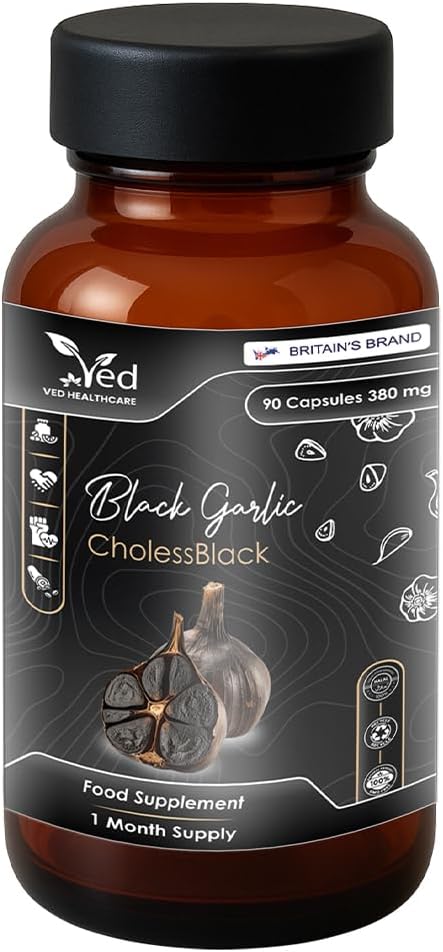 VED CholessBlack, 90 Capsules, Fermented & Odorless Black Garlic Supplement with White & Red Hawthorn, Wild Garlic & Lemon Balm Leaf, Non-GMO, Halal, 3 Capsules per Day