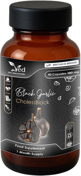 VED CholessBlack, 90 Capsules, Fermented & Odorless Black Garlic Supplement with White & Red Hawthorn, Wild Garlic & Lemon Balm Leaf, Non-GMO, Halal, 3 Capsules per Day