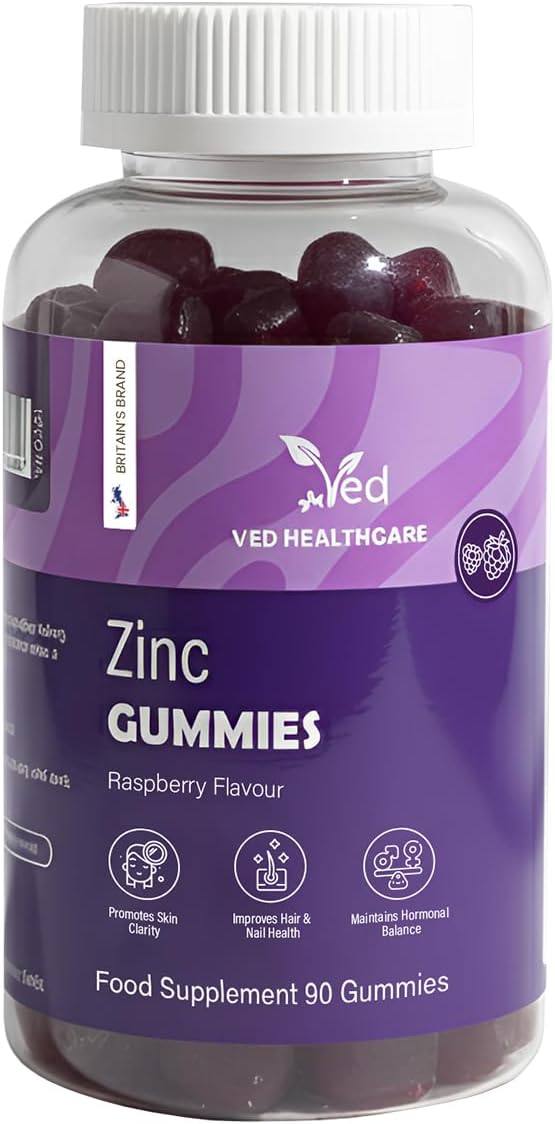 Zinc Gummies 50mg, 45 Days Supply, 90 Gummies, Zinc Supplement for Men & Women, Easy to Chew, Natural Raspberry Flavour, Vegan, Immune, Skin, Hair, Nail, Non-GMO & Magnesium Stearate-Free - by Ved