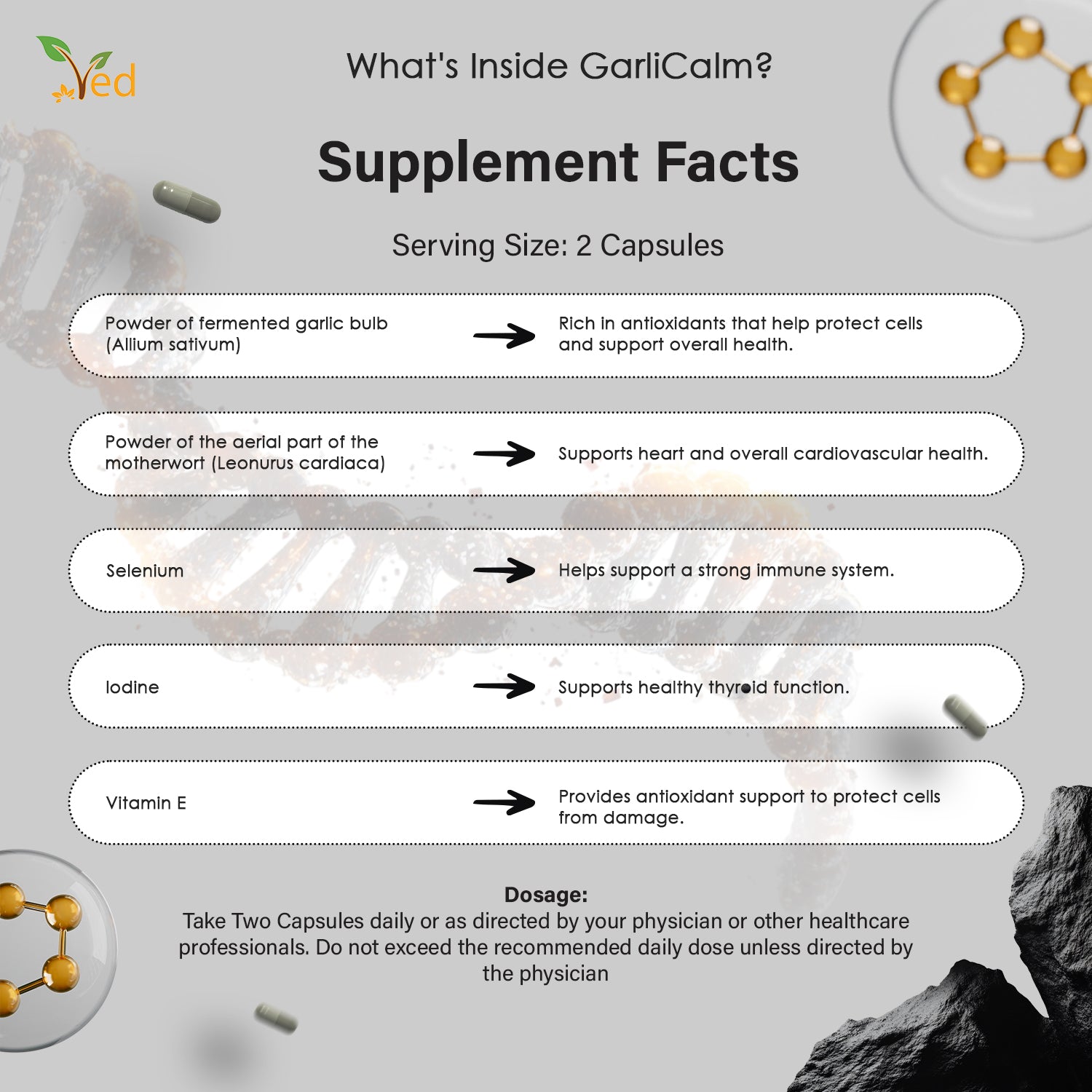 VED GarliCalm, 90 Capsules, Fermented & Odourless Black Garlic Supplement with Motherwort, Iodine & Vitamin E, Non-GMO, Halal, 2 Capsules per Day.