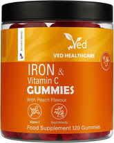 VED Iron Gummies - 12.5 mg per Serving, with Vitamin C, 120 Gummies, Natural Peach Flavour, Vegan & Gluten-Free, 2 Months Supply
