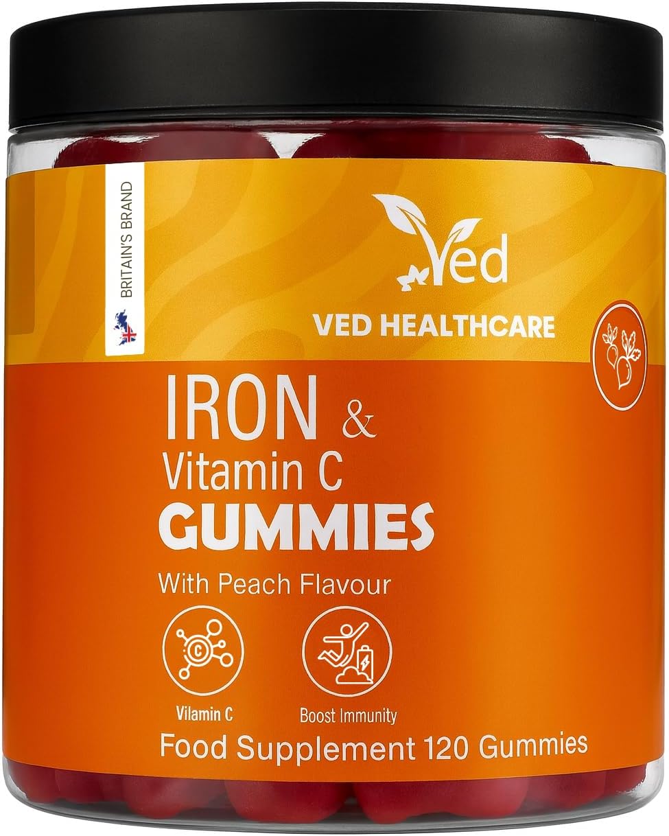 VED Iron Gummies - 12.5 mg per Serving, with Vitamin C, 120 Gummies, Natural Peach Flavour, Vegan & Gluten-Free, 2 Months Supply