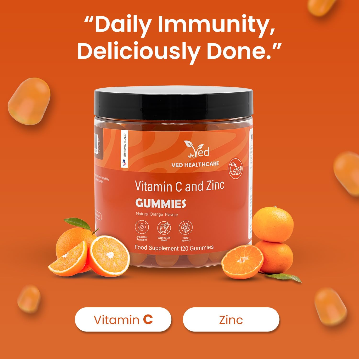 Vitamin C and Zinc Gummies, 120 Tasty Gummies, Natural Orange Flavour, 2 per Day, Gluten-GummiesFree, Non-GMO & Vegan-Friendly, Easy to Chew,...