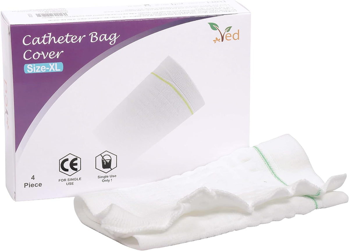 Ved Sleeve Catheter Leg Bag Holder, Catheter Bag Cover, Strong and Durable Fibre Blends with External Seams, Washable and Reusable, Size XL,(Pack of 4)