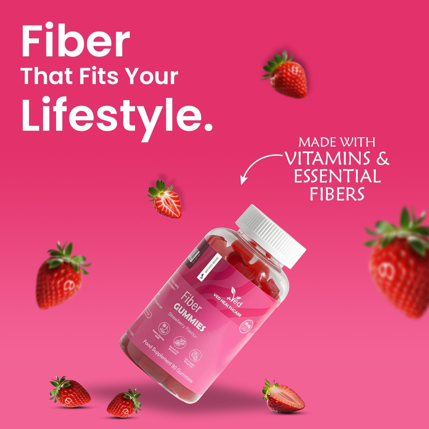 Fiber Vegan Gummies, 90 Gummies, 1 Month Supply, Strawberry Flavour, Vitamin B12 & B6, 3 Per Day, Gluten-Free - by VED