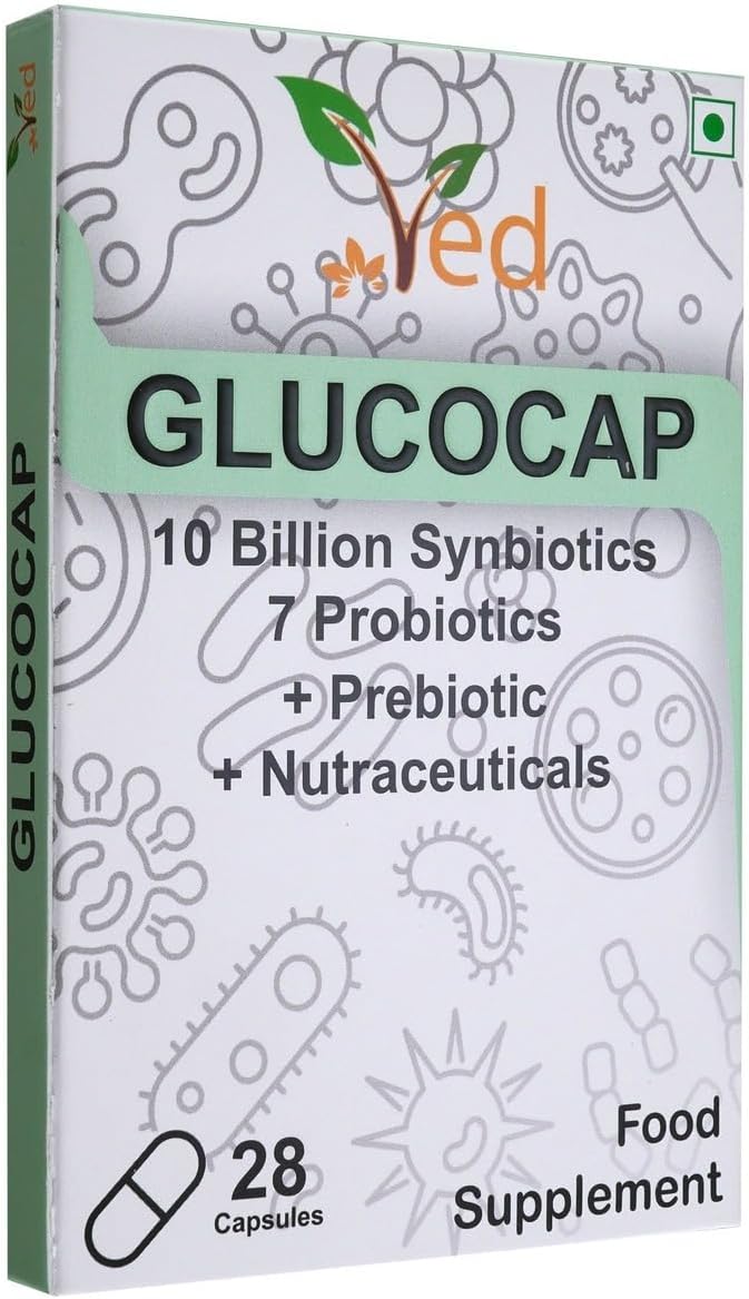 Ved Glucocap Complex Probiotics and Prebiotics Complex - 10 Billion CFU - 20 Live Bacterial Cultures - 28 Probiotic Complex Capsules for Children - Lactobacillus Plantarum, Bacillus coagulans.(Peck of 2)