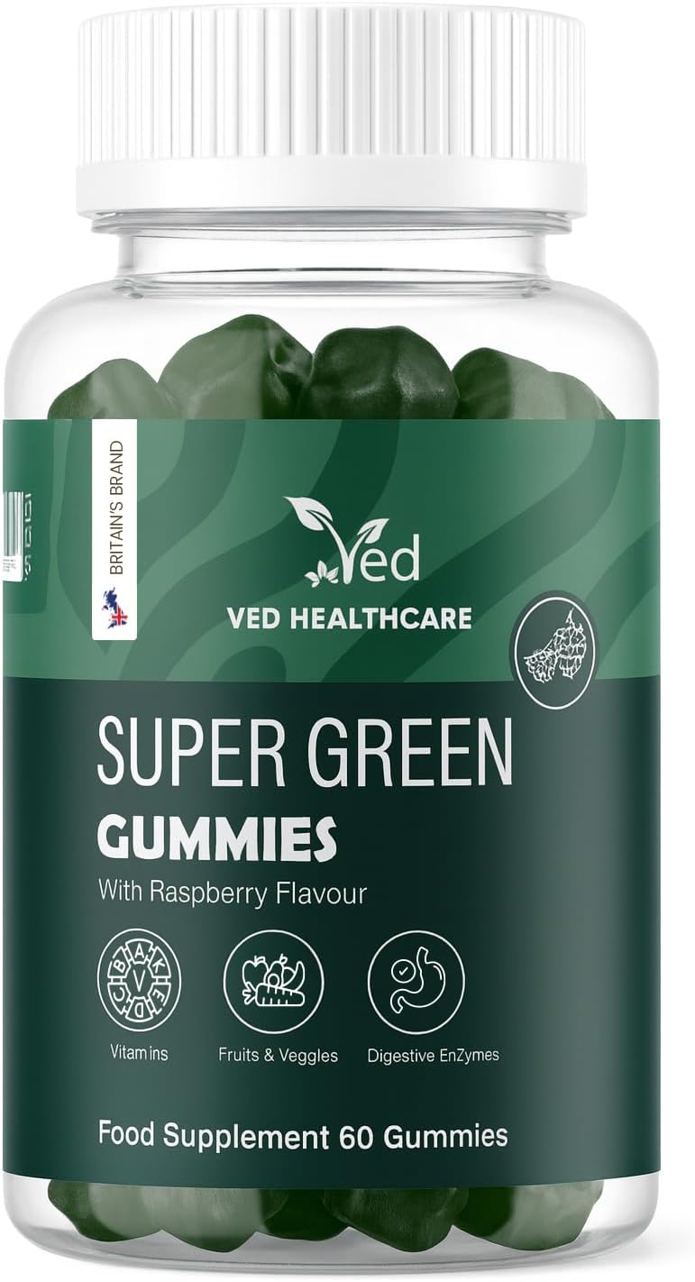VED Super Green Gummies – 60 Vegan Multivitamin Gummies, 8 Botanical Blend with Vitamin B12, B6, D2 & C – Daily Energy & Immunity Support – Non-GMO, Gluten-Free, Vegetarian, 1 Month Supply
