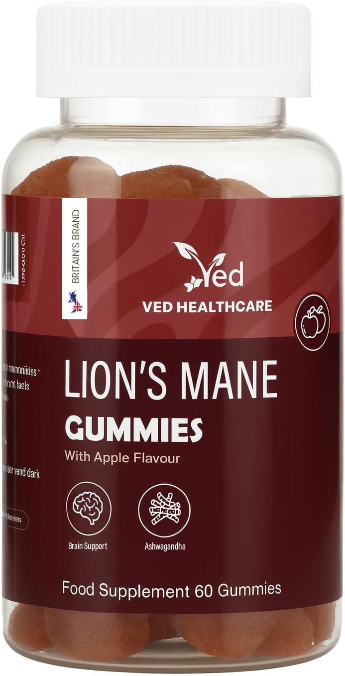 VED Lion's Mane Mushroom Gummies, 1000mg Lion's Mane Mushroom - Natural Apple Flavour - Supplement for Men & Women, Vegan, 1 Month Supply
