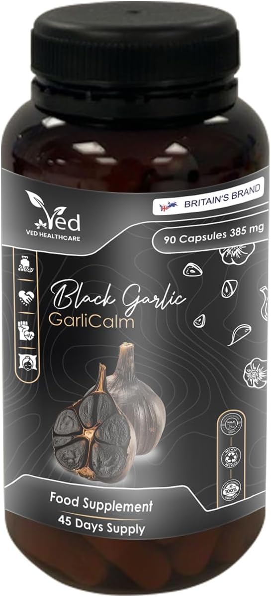 VED GarliCalm, 90 Capsules, Fermented & Odourless Black Garlic Supplement with Motherwort, Iodine & Vitamin E, Non-GMO, Halal, 2 Capsules per Day.