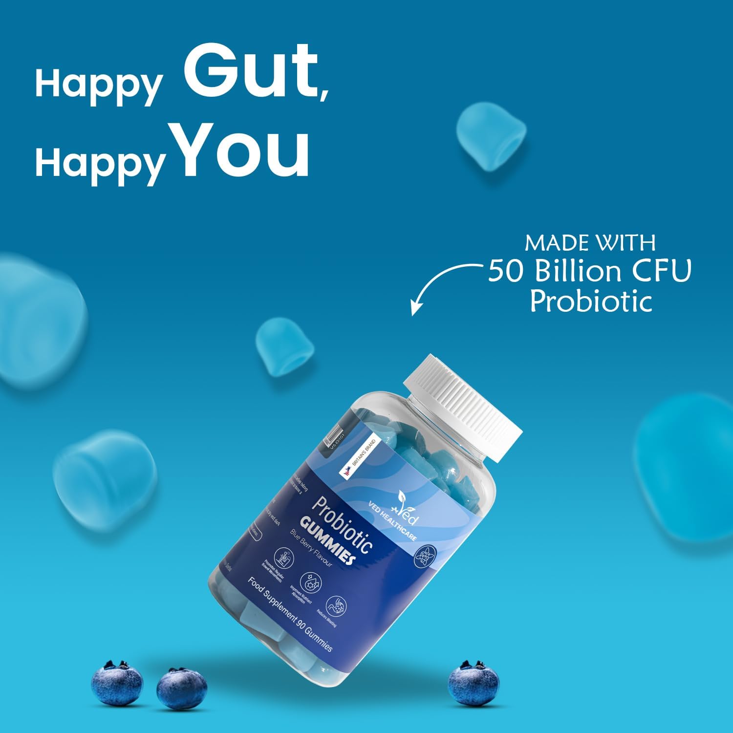 Vegan Probiotic Gummies with Prebiotics, Blueberry Flavour, 2 Gummies Daily (90 Count), 45 Days Supply, Non-GMO, Gluten Free, Vegetarian &amp; Gut Health...