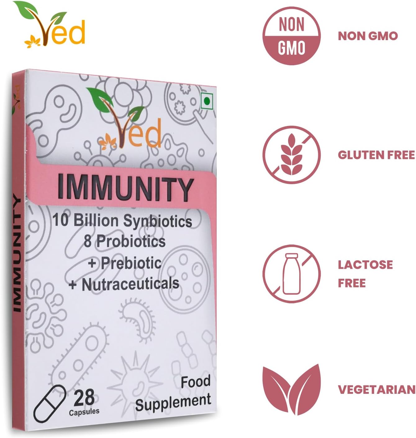 Ved Immunity Complex Probiotics and Prebiotics Complex - 10 Billion CFU - 20 Live Bacterial Cultures - 28 Probiotic Complex Capsules for Children - Lactobacillus Plantarum, Casei.(Peck of 2)