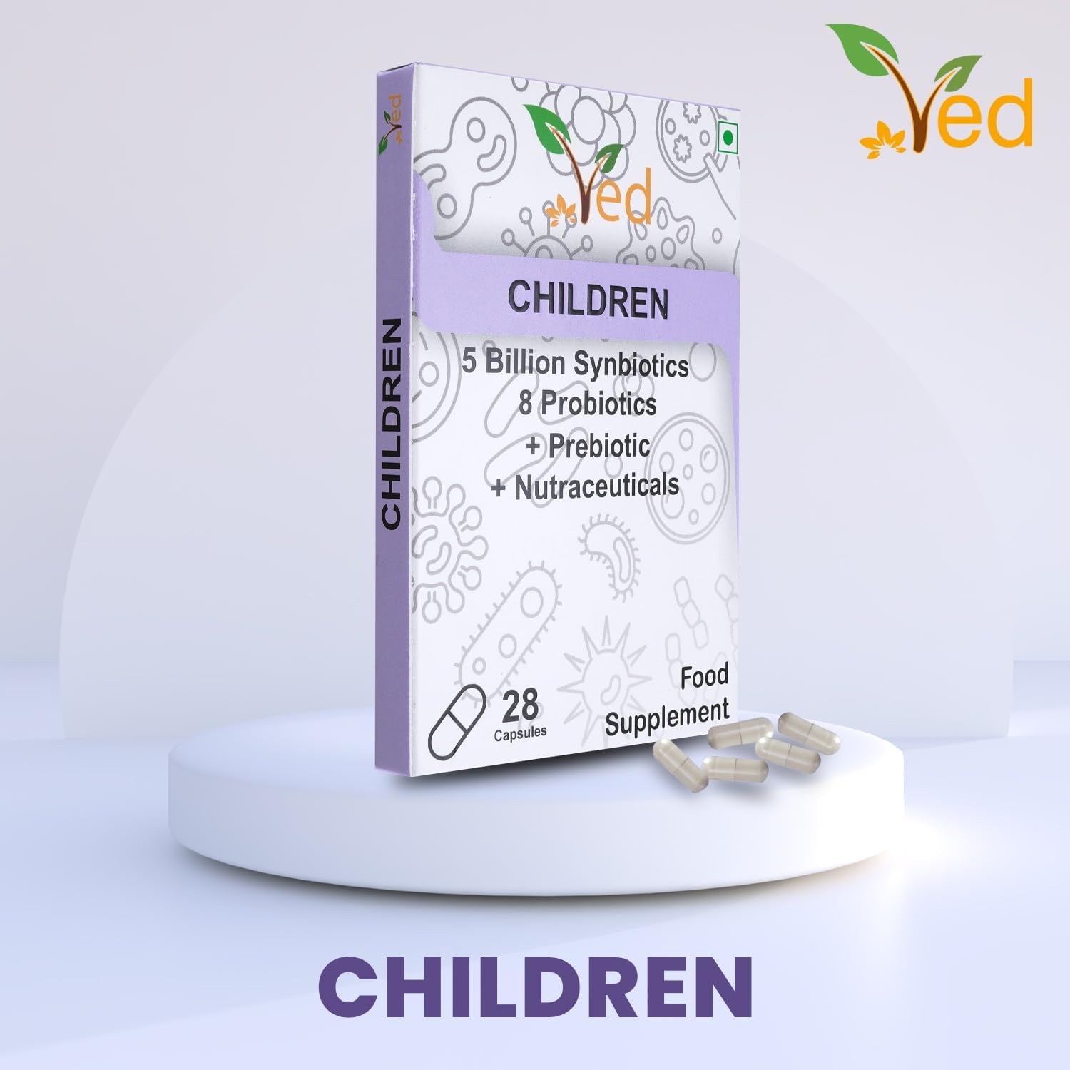Ved Children Complex Probiotics and Prebiotics Complex - 5 Billion CFU - 20 Live Bacterial Cultures - 28 Probiotic Complex Capsules for Children - Lactobacillus helveticus, silicon dioxide(Peck of 2)