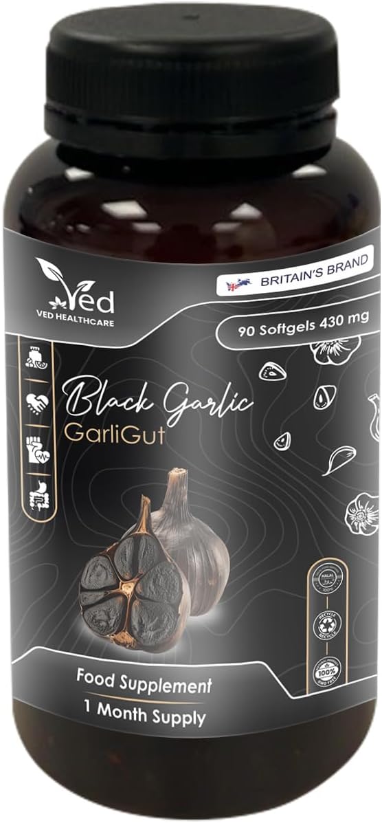 VED GarliGut, 90 Softgels, Fermented & Odorless Black Garlic Supplement with chamomile flower, peppermint leaf, caraway fruit, angelica archangelica root, rosemary leaf, Non-GMO, Halal, 3 Softgels/Day
