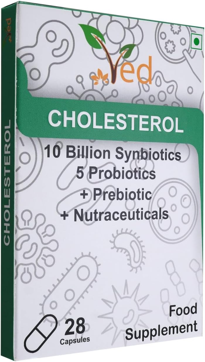 Ved Cholesterol Complex Probiotics and Prebiotics Complex - 10 Billion CFU - 20 Live Bacterial Cultures - 28 Probiotic Complex Capsules for Children - Lactobacillus Helveticus, Silicon dioxide