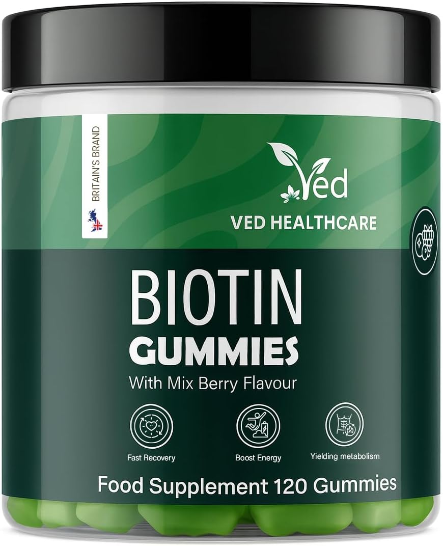 VED Biotin Gummies 5000mcg – 120 Vegan Gummies with 7 Essential Vitamins, Natural Mixed Berry Flavor – Hair, Skin & Nail Support – Non-GMO, Gluten-Free, Vegetarian, 2 Month Supply.