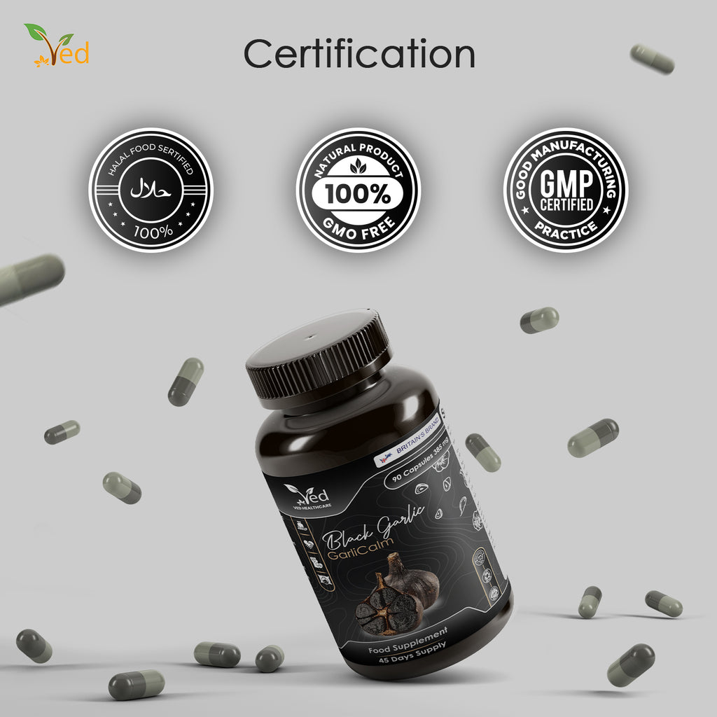 VED GarliCalm, 90 Capsules, Fermented & Odourless Black Garlic Supplement with Motherwort, Iodine & Vitamin E, Non-GMO, Halal, 2 Capsules per Day.