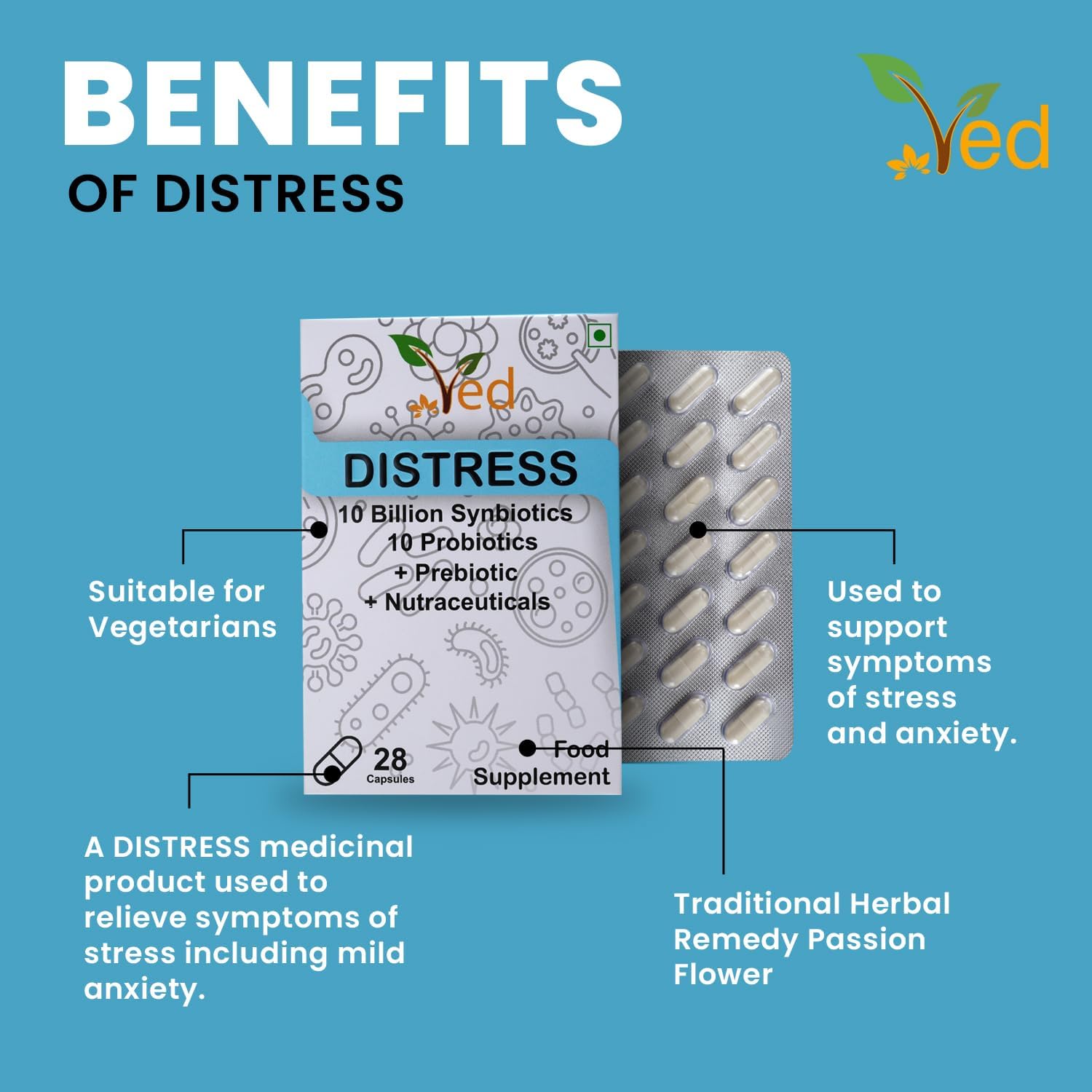 VED Distress Complex Probiotics and Prebiotics Complex - 10 Billion CFU - 28 Probiotic Complex Capsules for Women & Men - Lactobacillus Piantarum, Casei, Rhamnosus, 28 Days Supply.(peck of 2)