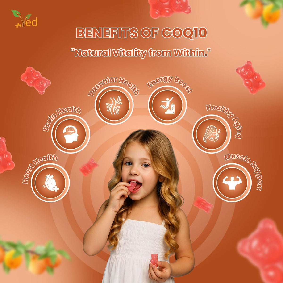 Ved CoQ10 Gummies, 60 Count, Natural Peach Flavor,Vegan, Non-GMO, Gluten Free.
