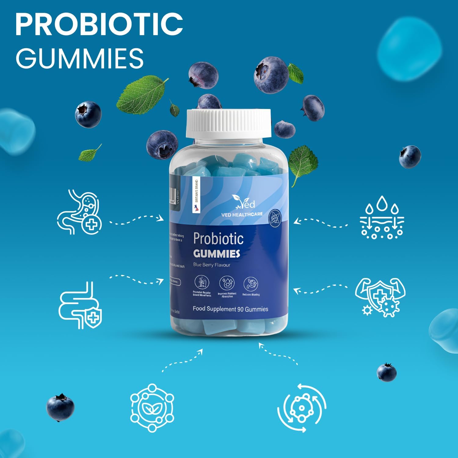 Vegan Probiotic Gummies with Prebiotics, Blueberry Flavour, 2 Gummies Daily (90 Count), 45 Days Supply, Non-GMO, Gluten Free, Vegetarian &amp; Gut Health...