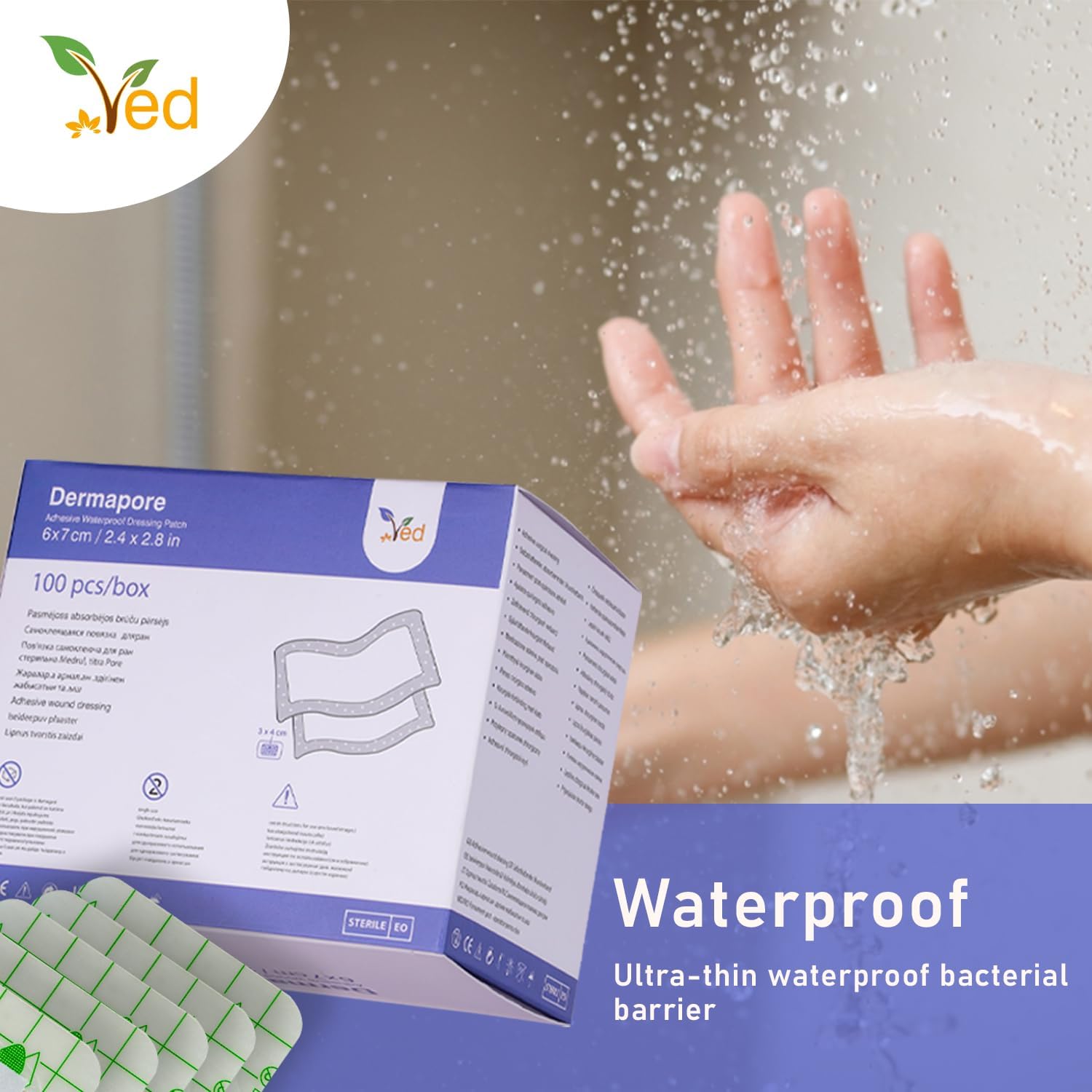 VED Dermapore Waterproof Adhesive Wound Dressing- Suitable for cuts and grazes, Diabetic Leg ulcers, venous Leg ulcers, Small Pressure sores- Medium, 6 x 7cm (Pack of 100).