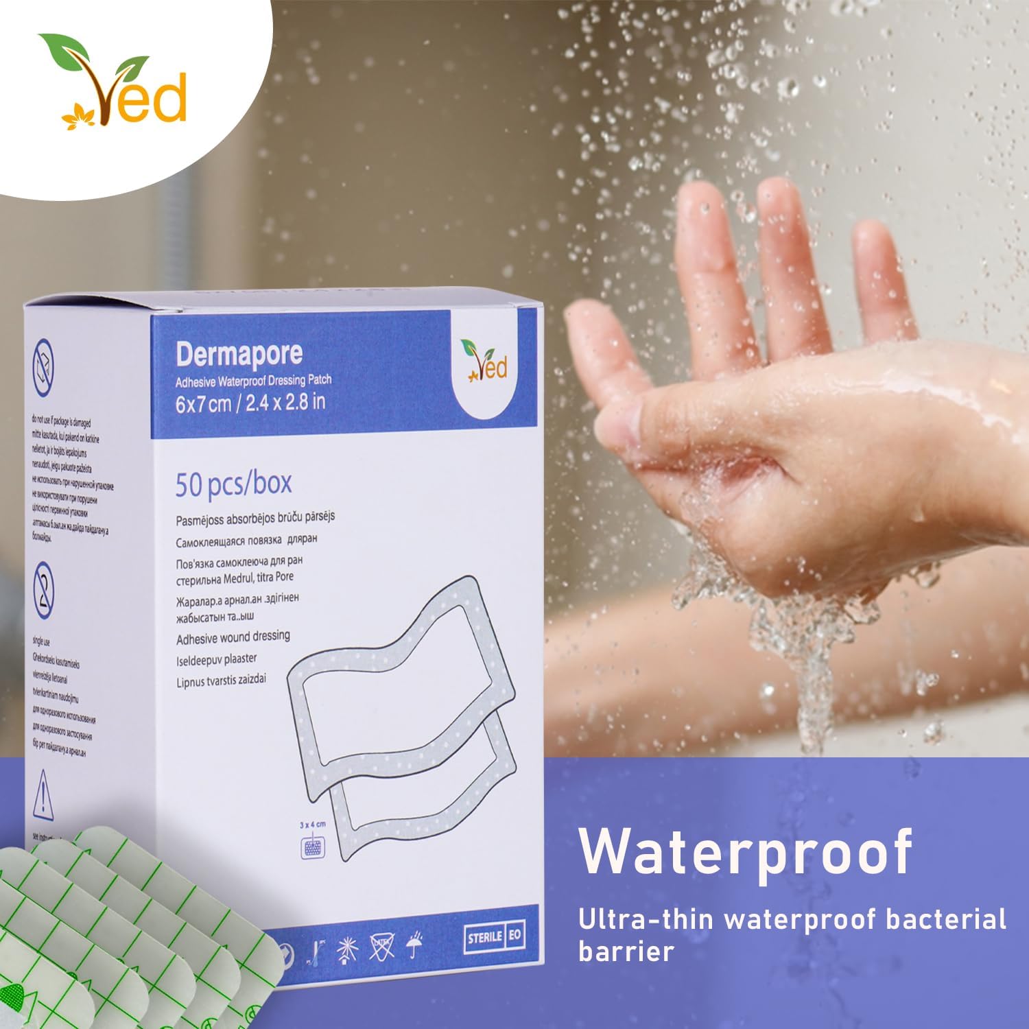 VED Dermapore Waterproof Adhesive Wound Dressing- Suitable for cuts and grazes, Diabetic Leg ulcers, venous Leg ulcers, Small Pressure sores- Medium, 6X 7cm (Pack of 50).