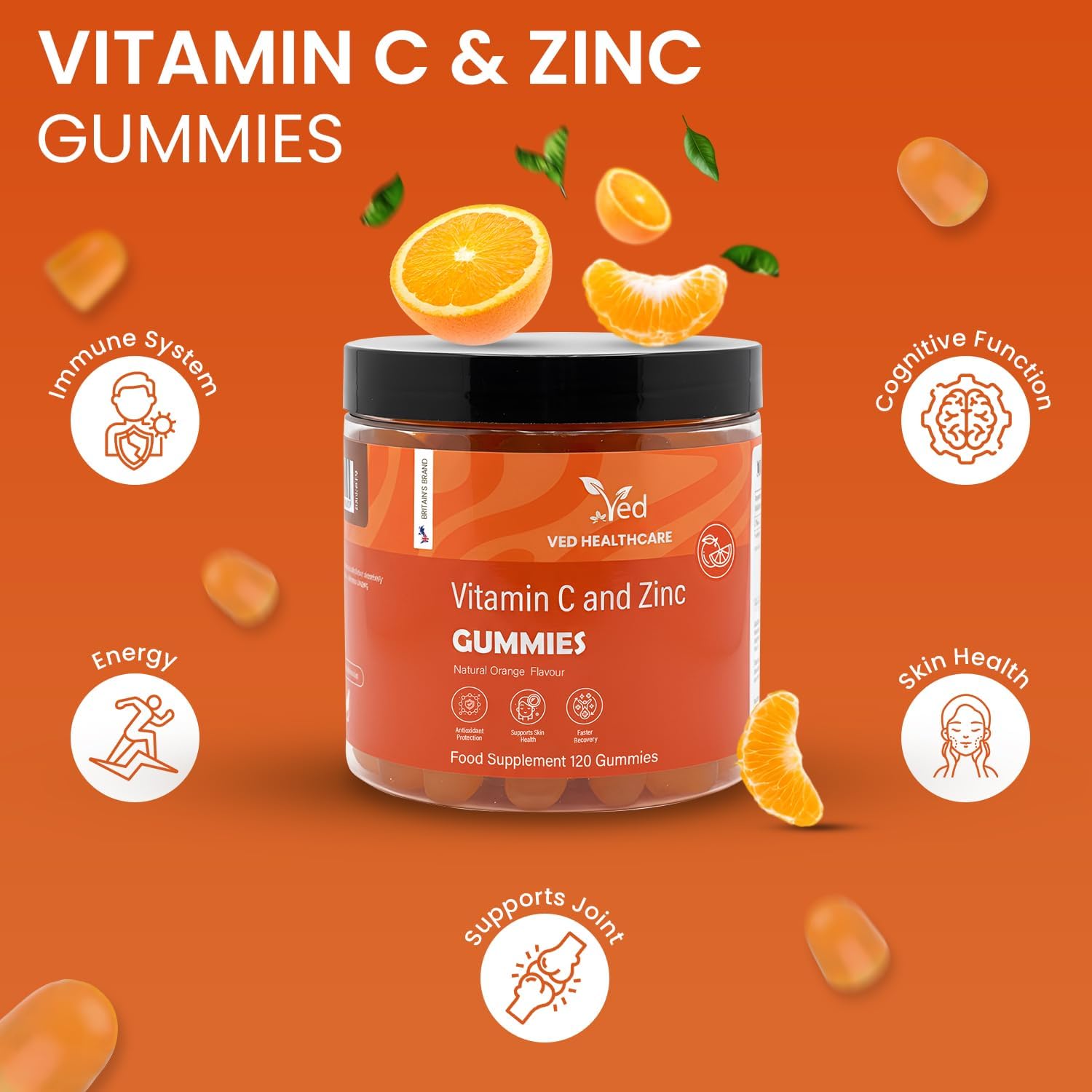 Vitamin C and Zinc Gummies, 120 Tasty Gummies, Natural Orange Flavour, 2 per Day, Gluten-GummiesFree, Non-GMO & Vegan-Friendly, Easy to Chew,...