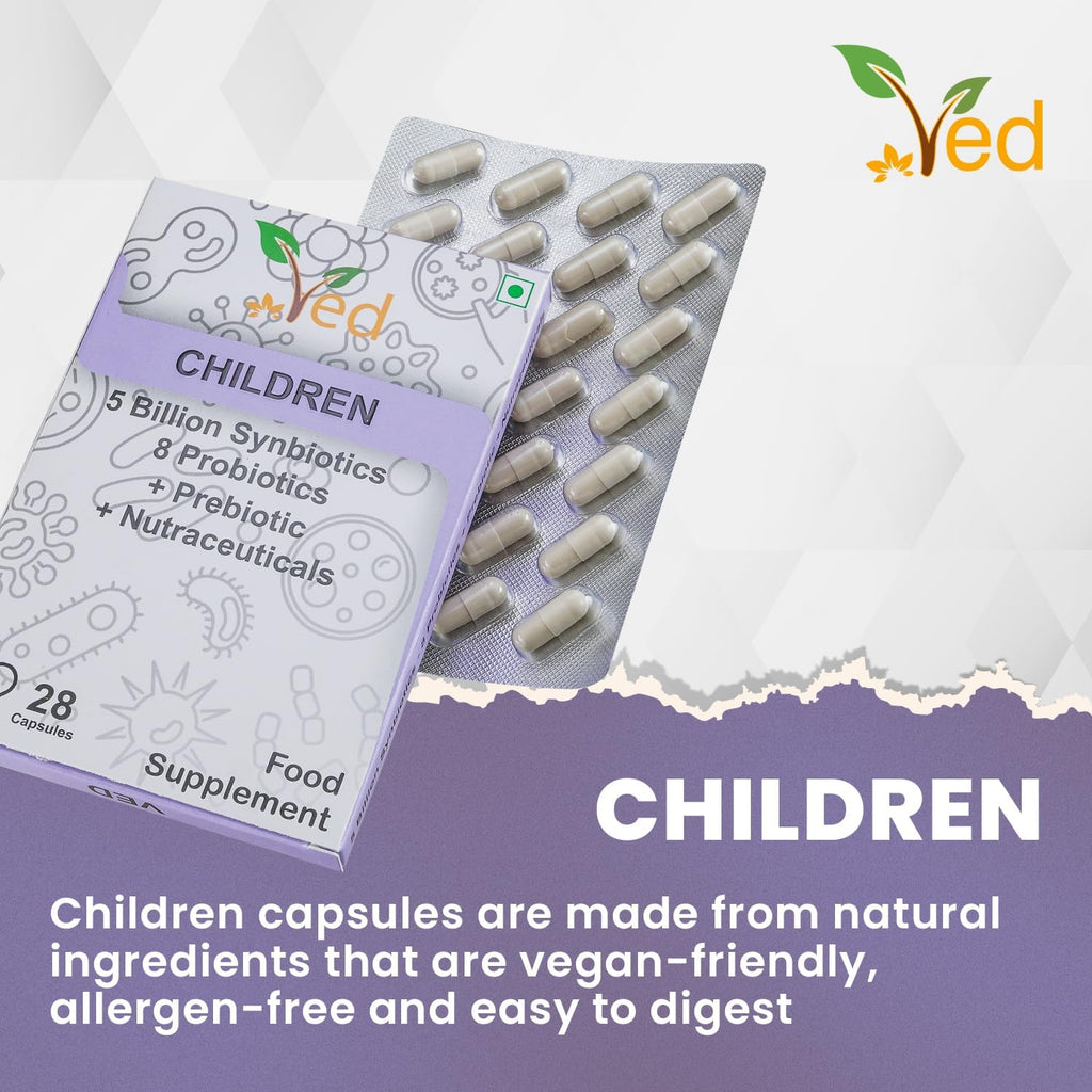 Ved Children Complex Probiotics and Prebiotics Complex - 5 Billion CFU - 20 Live Bacterial Cultures - 28 Probiotic Complex Capsules for Children - Lactobacillus helveticus, silicon dioxide(Peck of 2)