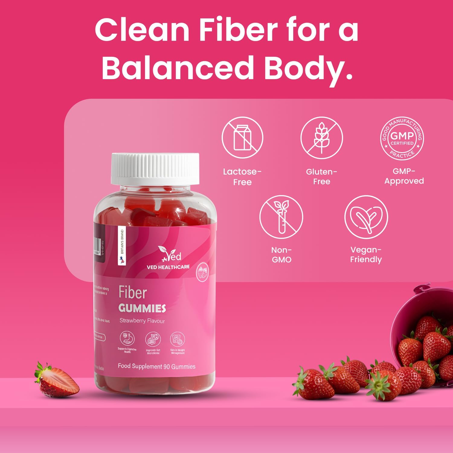 Fiber Vegan Gummies, 90 Gummies, 1 Month Supply, Strawberry Flavour, Vitamin B12 & B6, 3 Per Day, Gluten-Free - by VED