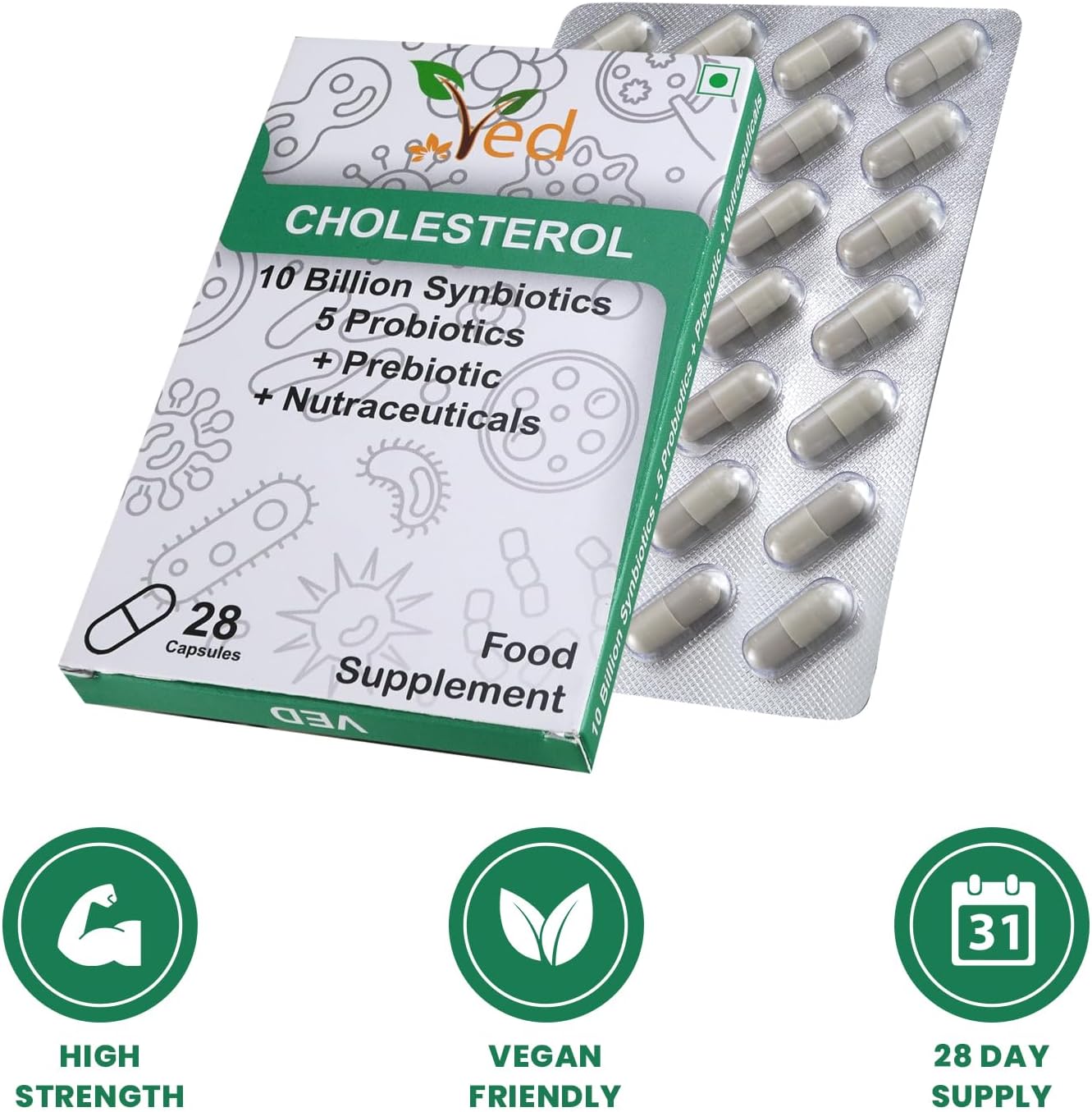 Ved Cholesterol Complex Probiotics and Prebiotics Complex - 10 Billion CFU - 20 Live Bacterial Cultures - 28 Probiotic Complex Capsules for Children - Lactobacillus Helveticus, Silicon dioxide(Peck of 2)